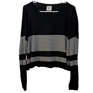 Planet by Lauren G Pima Cotton Modal Striped Boxy Knit Sweater Black White OS